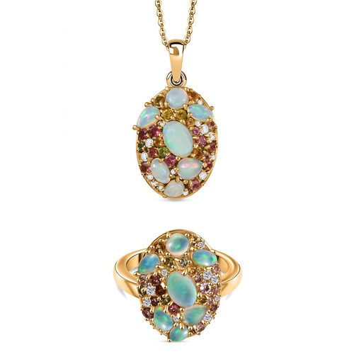 D'Joy äthiopischer Welo Opal und Multi-Edelstein Ring und Anhänger mit 50cm Kette image number 0