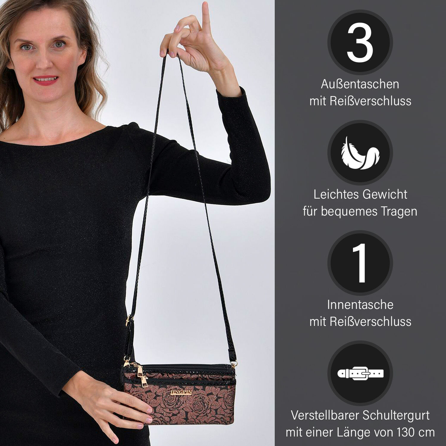 Sling Crossbody Bag Stylische Umhangetasche mit Champagner Rosenmuster 3 ReiBverschlussfacher Vielseitiger 130 cm Gurt PU AuBenseite 100