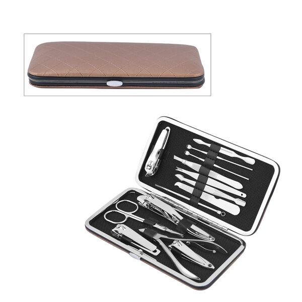 14er Set- kompaktes Manik&uuml;re Pflegeset aus PU-Leder, braun