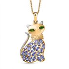 D joy Natürlicher Chromdiopsid, Tansanit Katze Anhänger mit Kette ca. 50 cm,  925 Silber Rhodiniert und 750 Gelbgold Vermeil, ca. 2.18 ct