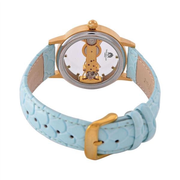 William Hunt Automatik-Uhr, Hohles Zifferblatt mit weißen Kristallen, Himmelblau Lederarmband, 5ATM wasserdicht image number 6