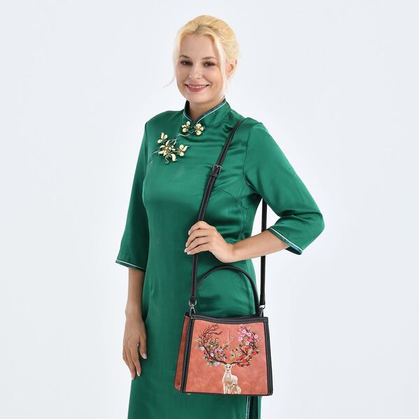 "PU Embroidered crossbody bag Color: Orange Size:  25*11*21cm   Wall: PU Lining: Polyester Exterior:zipped-1,pocket-1 Interior: zipped-2,slid-1 Long Shoulder strap:130cm " image number 2