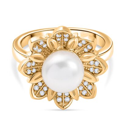 S&uuml;&szlig;wasser Perle (ca. 10-10.5 mm), Wei&szlig;er Zirkon Ring Nickelfreies Messing (Gr&ouml;&szlig;e 17.00)