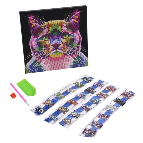 DIY Diamond Painting Leinwand Katze, mehrfarbiges Motiv mit Glitzerakzenten, inkl. MDF-Rahmen, Klebemotiv, Diamanten, Stift, Wachs, Aufbewahrungsbox, 29x29?cm, Blumen