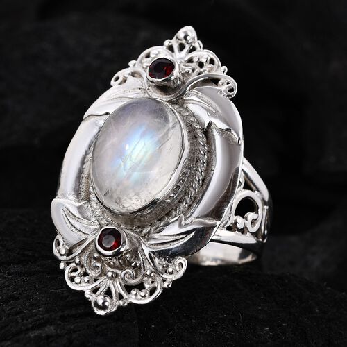 Royal Bali Kollektion - Regenbogen-Mondstein, roter Granat Ring, 925 Silber (Größe 19.00) ca. 7.12 ct image number 1