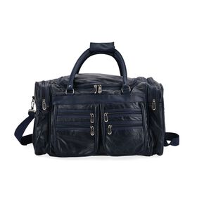 CLOSE OUT - Patchwork-Reisetasche aus Schafleder mit 6 Außentaschen und Schulterriemen, 51x29x28 cm, Blau