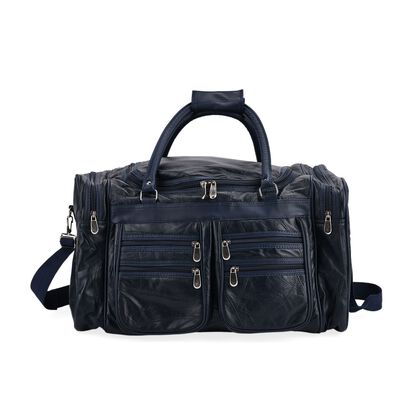 CLOSE OUT - Patchwork-Reisetasche aus Schafleder mit 6 Au&szlig;entaschen und Schulterriemen, 51x29x28 cm, Blau