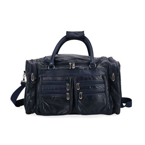 Patchwork-Reisetasche aus Schafleder mit 6 Außentaschen und Schulterriemen, 51x29x28 cm, Schwarz