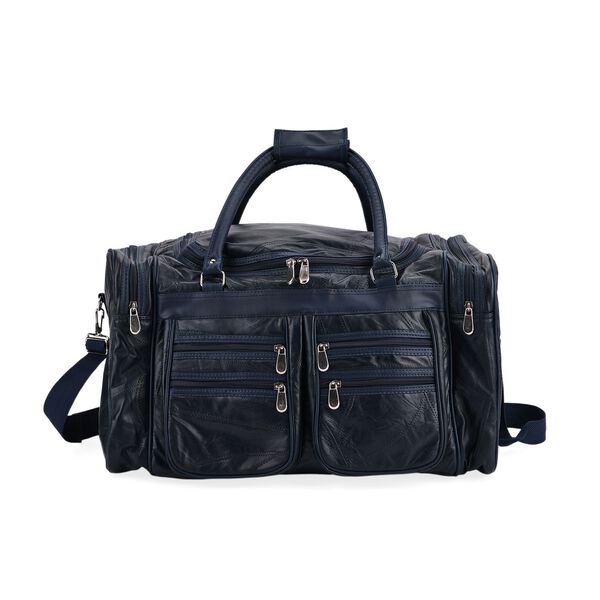 Patchwork-Reisetasche aus Schafleder mit 6 Außentaschen und Schulterriemen, 51x29x28 cm, Burgund