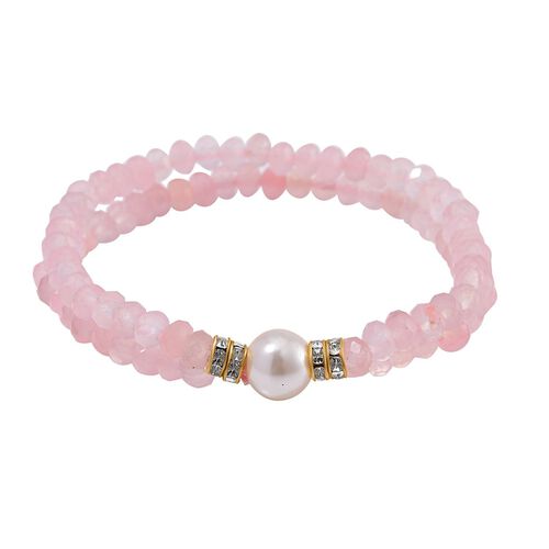 Muschelkernperle-Armband mit Rosenquarz und Weißem Kristall, flexibel, vergoldet image number 0