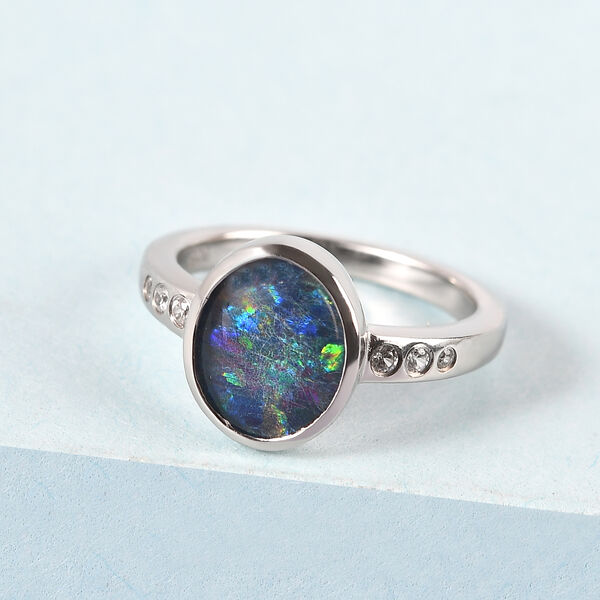 Boulder Opal Triplett und weißer Zirkon-Ring, 925 Silber platiniert  ca. 1,86 ct image number 2