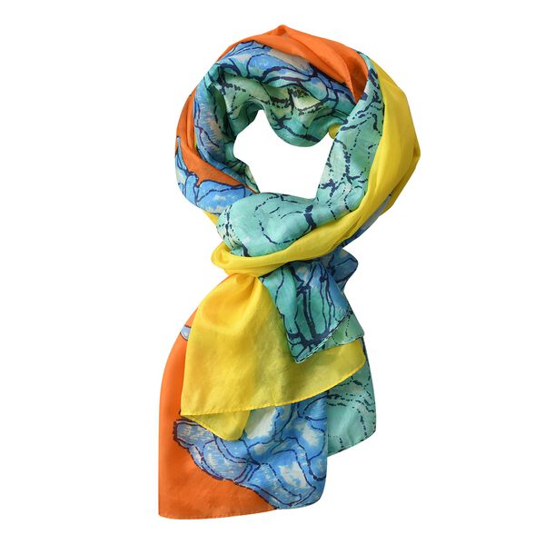 LA MAREY 100% bedruckter Seidenschal, Blumenmuster, Gr&ouml;&szlig;e 110x178 cm, Gelb und Gr&uuml;n