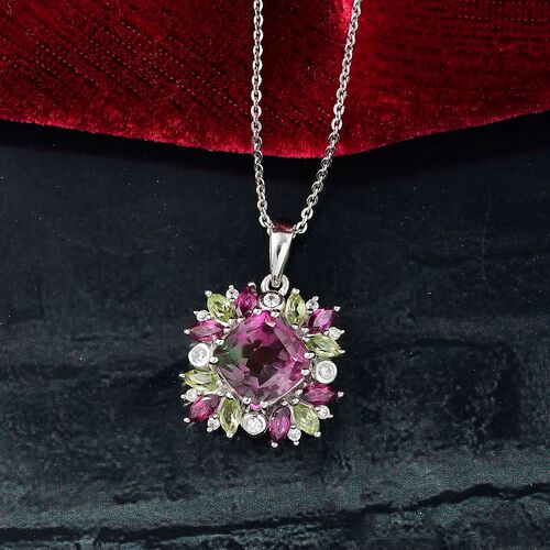 Blooming Petals - D joy Wassermelonen Quarz Triplette, Rhodolith Granat Anhänger mit Kette, 925 Silber rhodiniert ca. 4.28 ct image number 1