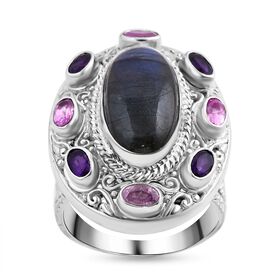 Royal Bali - Labradorit, Ilakaka Rosa Saphir (Fissure gefüllt) Ring, 925 Silber, (Größe 16.00), ca. 11.40 ct