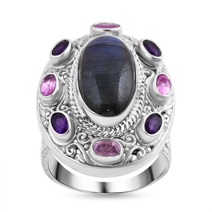 Royal Bali - Labradorit, Ilakaka Rosa Saphir (Fissure gef&uuml;llt) Ring, 925 Silber, (Gr&ouml;&szlig;e 16.00), ca. 11.40 ct