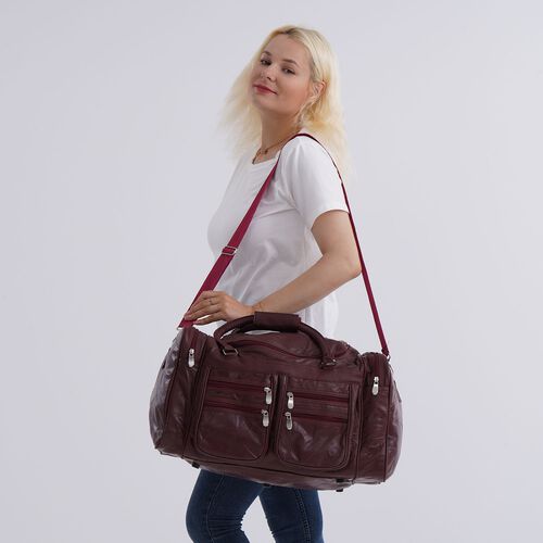 Patchwork Reisetasche aus Schafleder, mit vielen Außentaschen, 51×29×28 cm, Burgunderrot image number 1