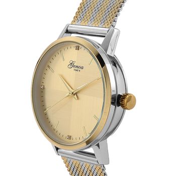 GENOA TIME - V2 Automatik Armbanduhr, Geh&auml;use 316 Edelstahl Sonnenschein Zifferblatt mit wei&szlig;em Diamant Edelstahl Mesharmband, bicolor