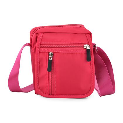 Umh&auml;ngetasche mit mehreren Rei&szlig;verschlussf&auml;chern und RFID-Schutz, Gr&ouml;&szlig;e 12,5x6x16 cm, Rosenrot