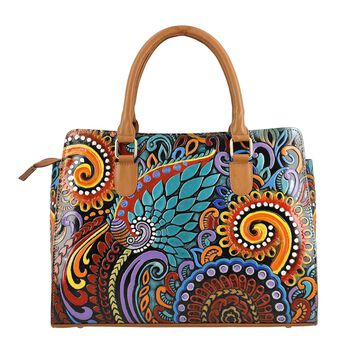 Handbemalte Satchel-Tasche aus 100% Echtleder mit kunstvoller Pr&auml;gung und Mandala-Design, 31x10x23cm, Blau-Tan