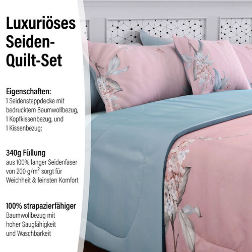 SERENITY NIGHT: 3er-Set - Seidensteppdecke und 2 Kissenbezüge, Blumenmuster, Hellblau und Rosa image number 1