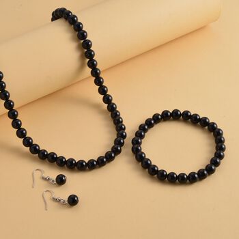 3er Schmuckset, schwarzer Glasachat, Edelstahl, ca 323,30 ct