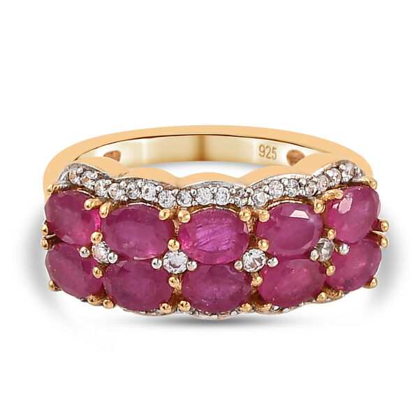 Afrikanischer Rubin und wei&szlig;er Zirkon-Ring, (Fissure gef&uuml;llt), 925 Silber vergoldet