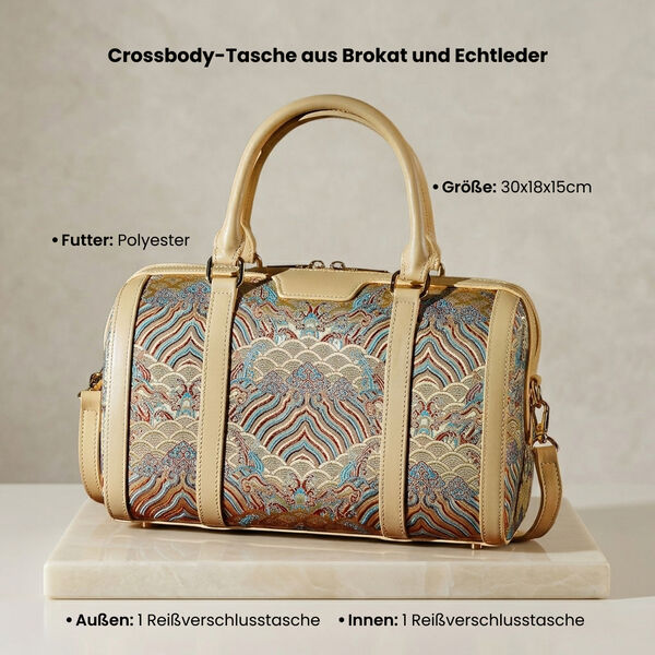 LA MAREY Brokat Crossbody Tasche aus Seide und Echtleder, 30x18x15cm, Beige image number 2