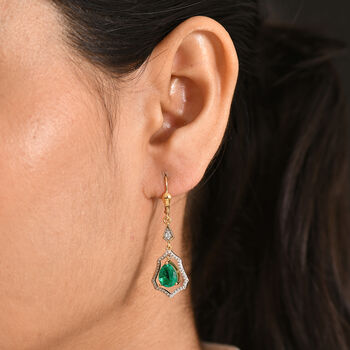 D'Joy Smaragd-Quarz Triplette, Wei&szlig;er Zirkon Ohrringe 925 Silber 750 Gelb Vergoldet ca. 2,70 ct.