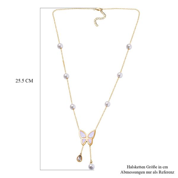 Wei&szlig;er Kristall, Wei&szlig;e Muschelkernperle Halskette ca. 50 cm Reiner Edelstahl IP-Gelbbeschichtung image number 4