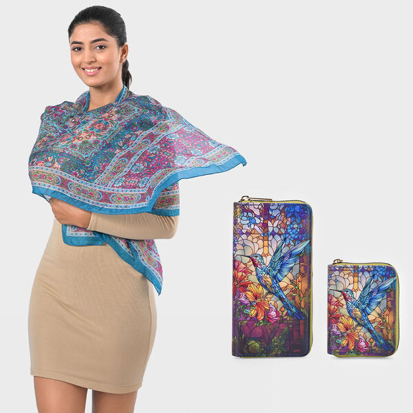 Geldb&ouml;rsen-Set mit Vogel-Muster und bedruckter Schal aus 100% Seide image number 0