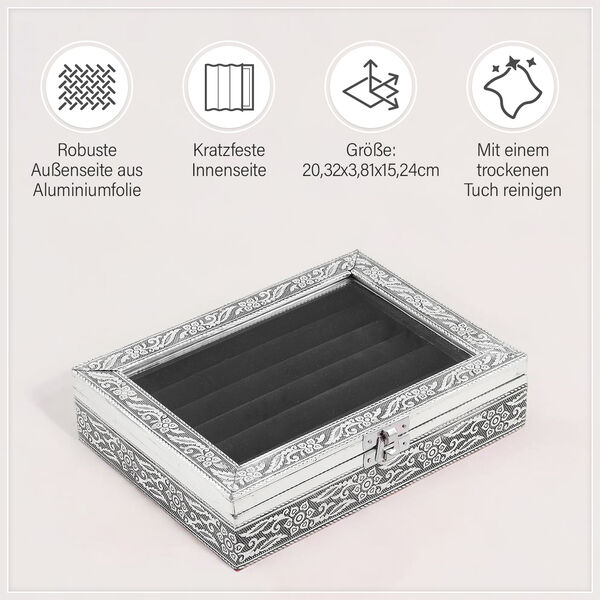 Handgefertigte Aluminium-Ringbox mit floraler Gravur und schwarzem Kratzschutz-Innenfutter image number 6