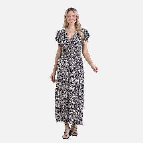 Gesmokter Maxikleid mit Volantärmeln, Beige mit Leopardenmuster, Einheitsgröße image number 0