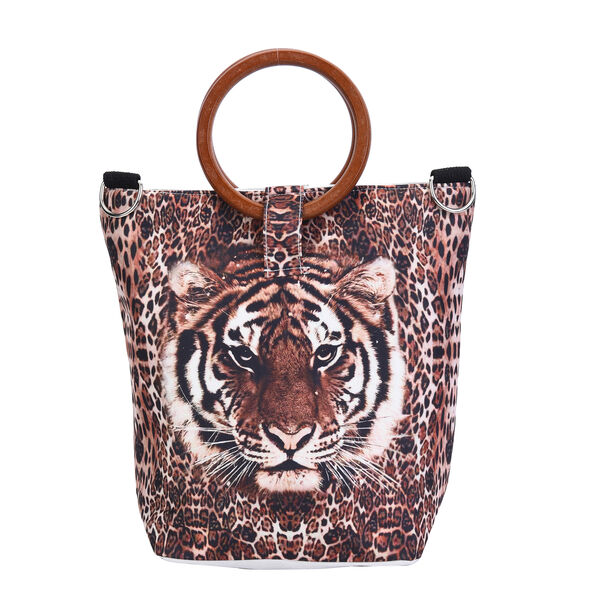 Handtasche mit Holzgriff, Tiger Muster, Gr&ouml;&szlig;e 32x12x29cm, Braun