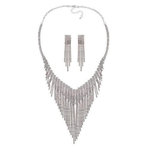Weißer Kristall Halskette und Ohrringe Schmuckset, Messing image number 0