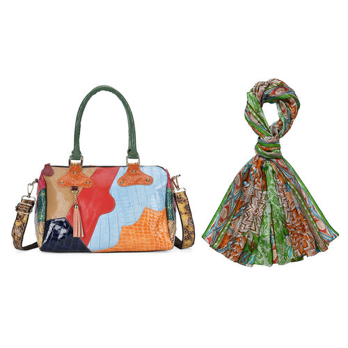 Chaos By Elsie - Krokodil-Muster Echtleder Crossbody Tasche und LA MAREY Schal aus 100 % Maulbeerseide image number 0