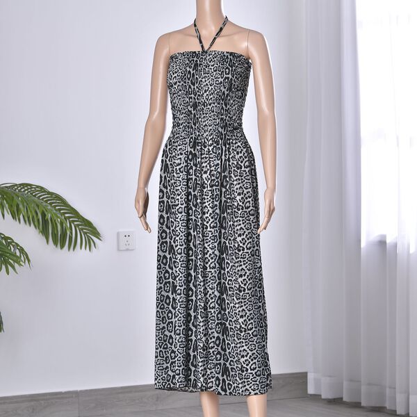 Halstr&auml;ger in langem, gesmoktem Kleid, 32x75cm, brauner Leopardendruck