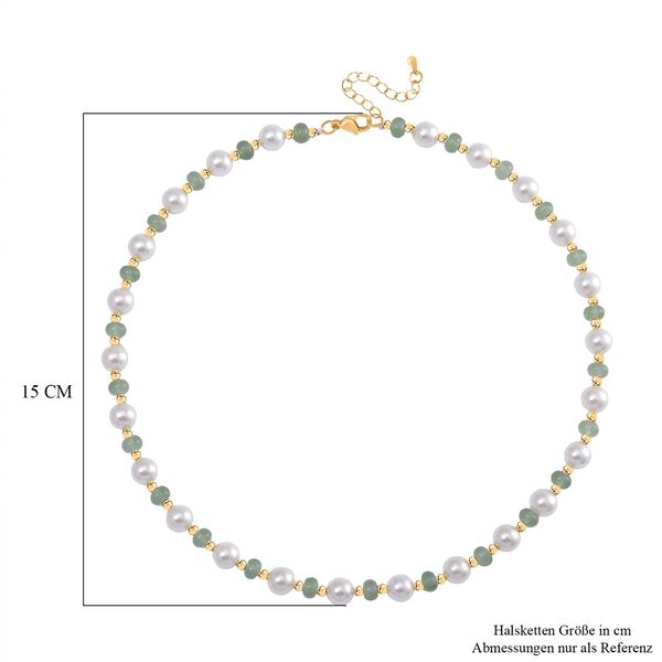 Wei&szlig;e Muschelkernperle (7-9 mm), Gr&uuml;ner Quarz Halskette ca. 45 cm+ 5 cm Extender, gelb vergoldet image number 6