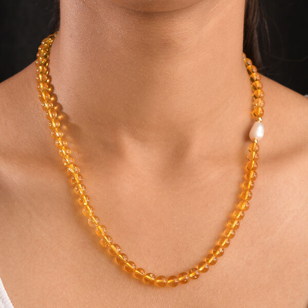 Citrin-Perlen und weiße Barockperle Halskette, 45 cm image number 3