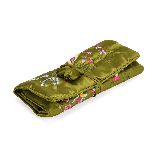 Reise-Schmuckrolle mit Stickmuster, 1 Organizer + 5 Weinrote Silberputzt&uuml;cher, Satin, Olivgr&uuml;n image number 6