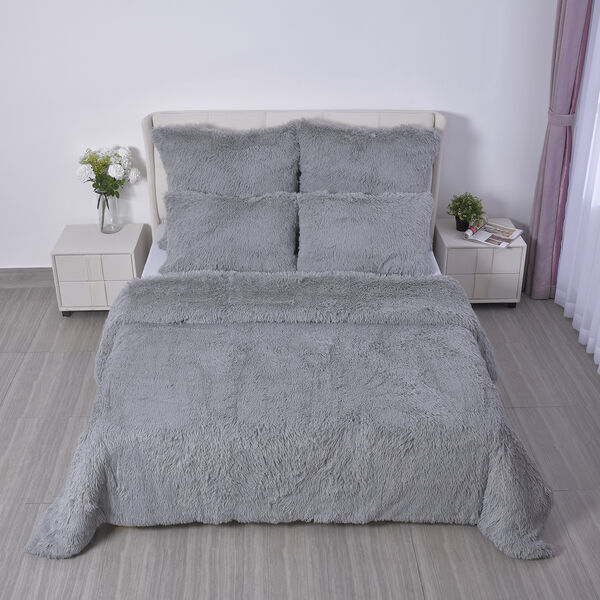 SERENITY NIGHT: 3er-Set - Überwurf und 2 Kissenbezüge aus Kunstfell, Grau image number 2