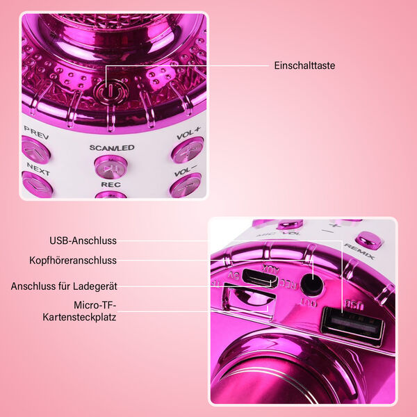 Multifunktions Karaoke Mikrofon und Bluetooth Lautsprecher mit sprachgesteuerten LED - Lichter und Sound - Echo, Rosa image number 6