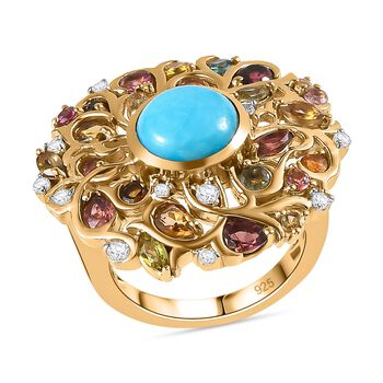AA Amerikanischer nat&uuml;rlicher Sleeping Beauty T&uuml;rkis, Mehrfarbiger-Turmalin Ring, 925 Silber Gelbgold Vermeil (Gr&ouml;&szlig;e 20.00) ca. 4.84 ct