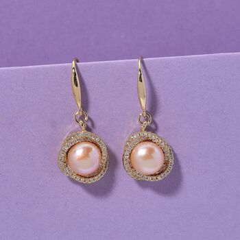 Pfirsich-S&uuml;&szlig;wasser Perle (8-10 mm), Wei&szlig;er Zirkonia Ohrringe Nickelfreies Messing vergoldet