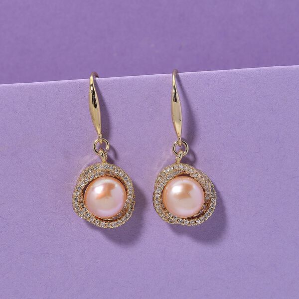 Pfirsich-S&uuml;&szlig;wasser Perle (8-10 mm), Wei&szlig;er Zirkonia Ohrringe Nickelfreies Messing vergoldet image number 2