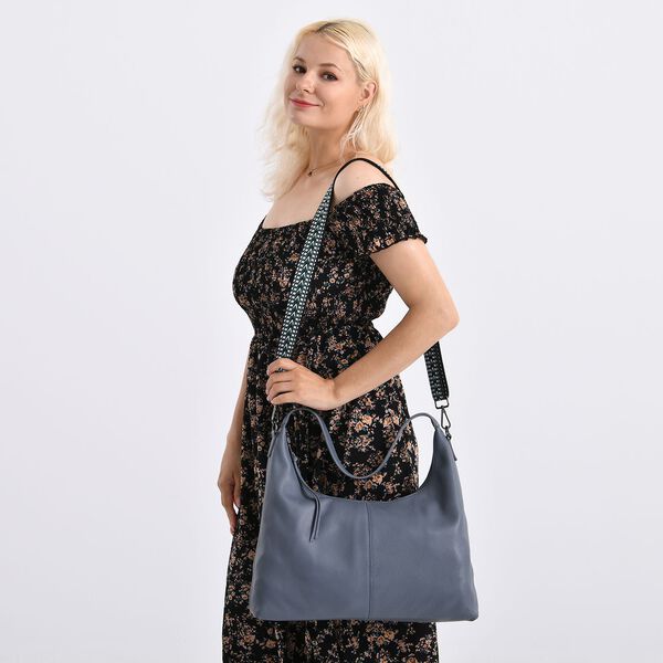 Echtleder-Hobo-Bag mit abnehmbarem Schulterriemen, 41x10x35 cm, Staubblau image number 1