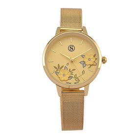 STRADA Uhr mit Japanischem PC21S Werk, Edelstahl-Mesharmband Goldfarben, florales Zifferblatt Gelb mit Weißem Kristall