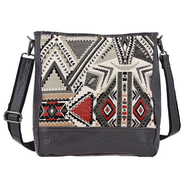 Crossbody Bag mit Krokopr&auml;gung aus echtem Leder und Jacquard mit Laptop-H&uuml;llen, schwarz