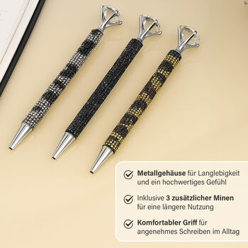 Kugelschreiber-Set, 3er-Pack, Schwarz, Leoparden-Design, Strass und Kristall, inkl. Ersatzminen