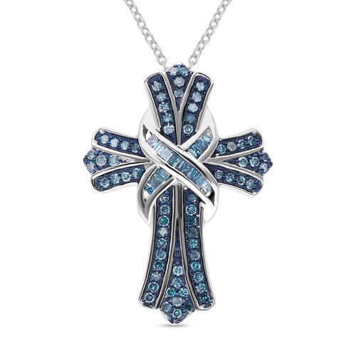 Blauer Diamant-Kreuz-Anhänger mit Kette, ca. 40+5 cm, 925 Silber platiniert ca. 0.50 ct image number 0
