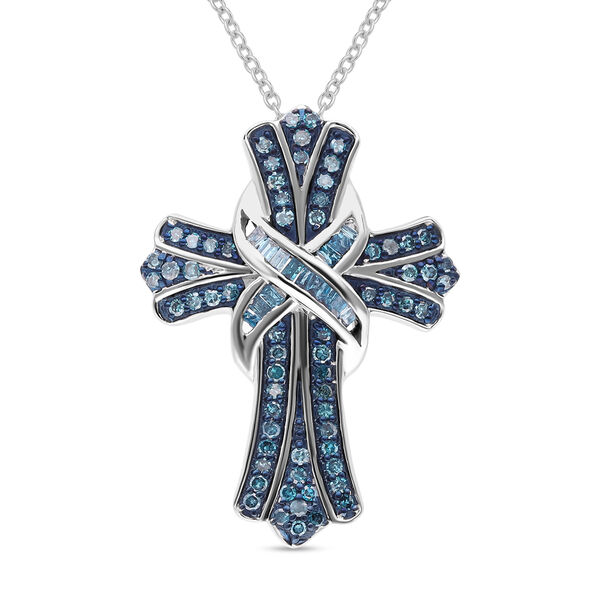 Blauer Diamant-Kreuz-Anh&auml;nger mit Kette, ca. 40+5 cm, 925 Silber platiniert ca. 0.50 ct